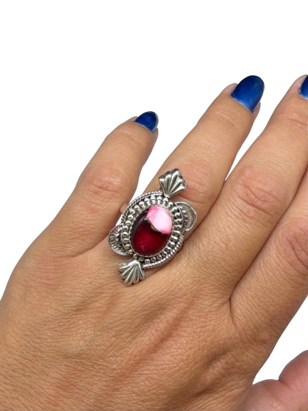 Kingman Red Rose Dahlia Turquoise Ring Adjustable Size 7 - 9 925 Sterling Silver